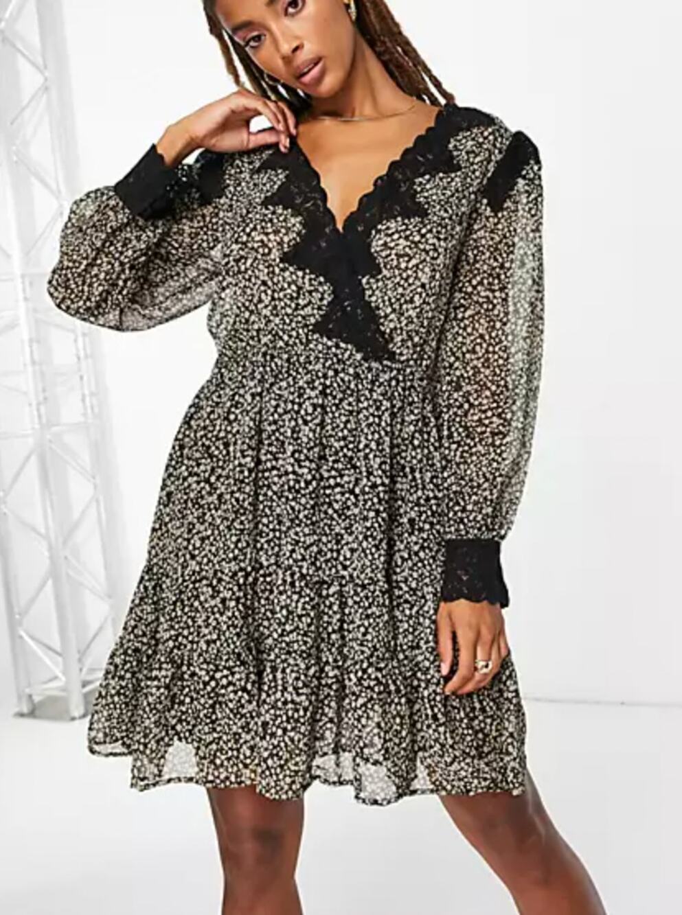 Topshop Floral Sheer Long Sleeve Lace Trim Ditsy Mini Dress Size 10